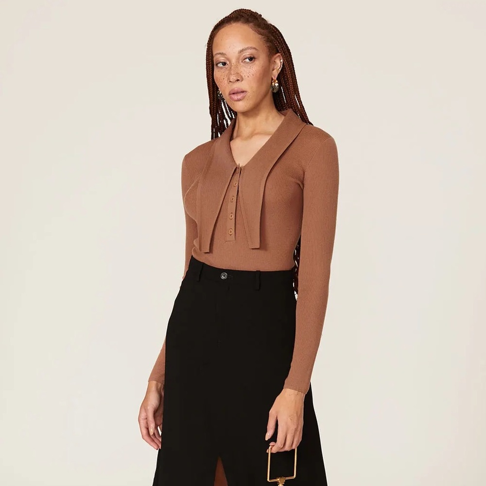 Tibi Allonge Wool Collar Ribbed Sweater XS Brown